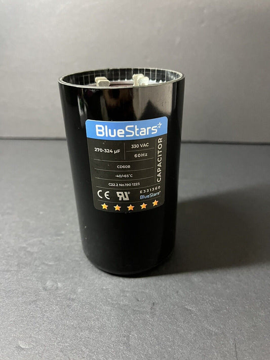 Blue Star capacitor 270-324 uf 330 vac 60 hz CDB60B C22.2 No.190 1123