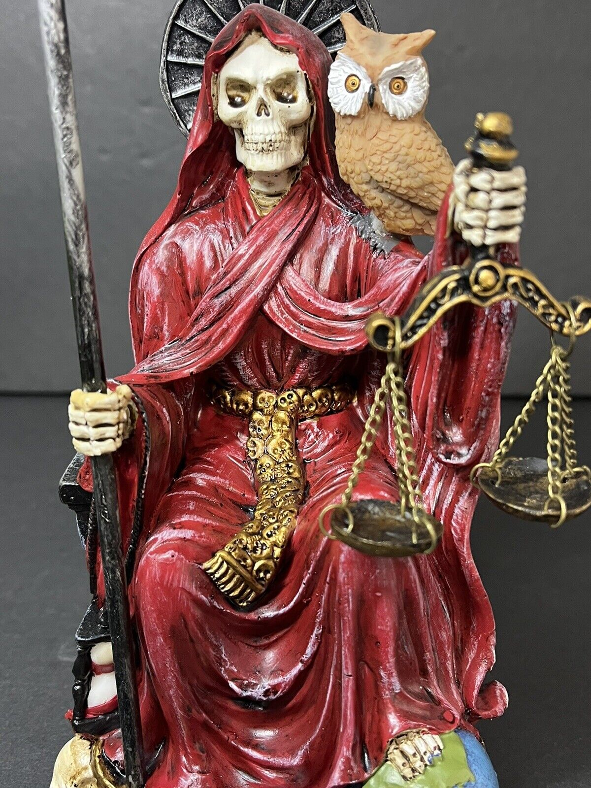 Santa Muerte 9'' Sitting  Red Gown with Owl Figurine 9 Inch 15250