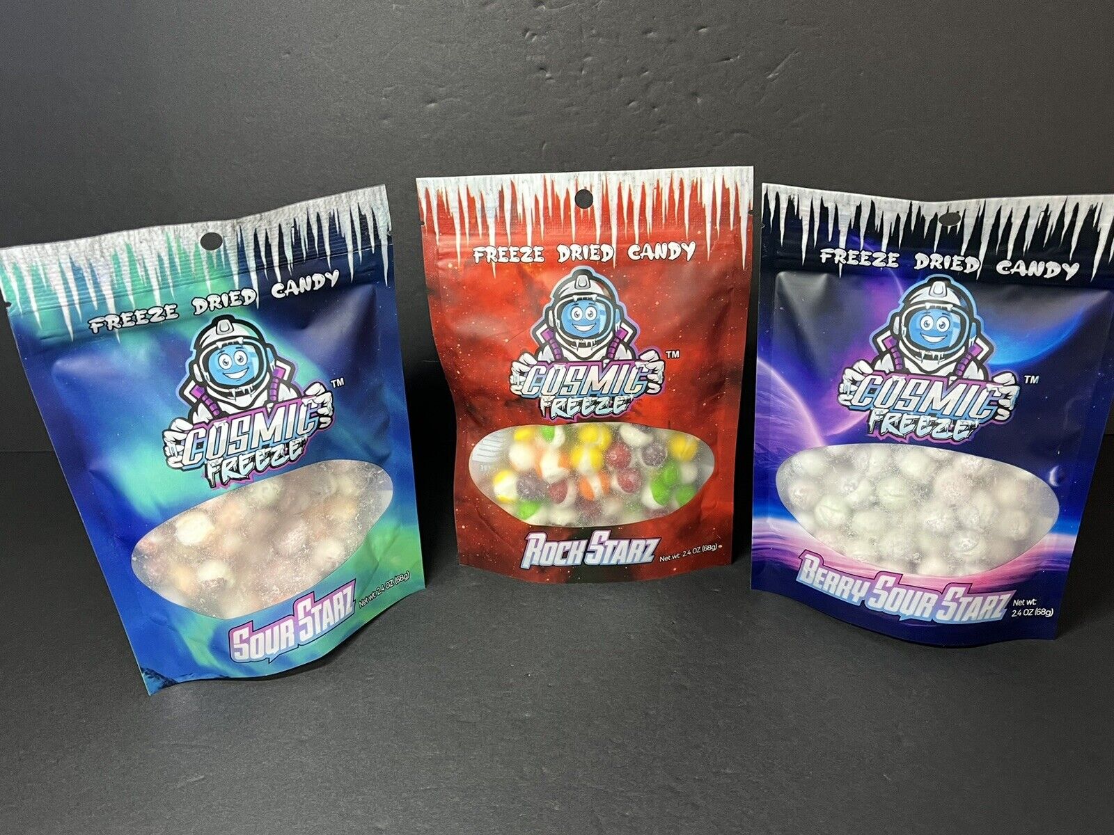 3 pcs 🍭Freeze Dried Candy Star Clusters,Rock Starz ,Berry Sour  2.40z (68g).