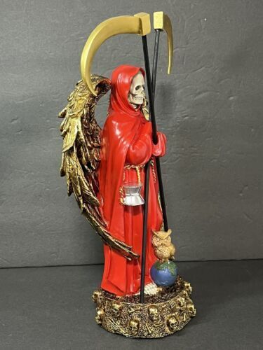 SANTA MUERTE 13" GRIM REAPER OWL ROBE SCYTHE SKULL GLOBE FANTASY FIGURINE -