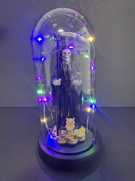 Santa Muerte Statue Black Globe  Multicolored LED Lights 9" In Gift Box-0941-BK