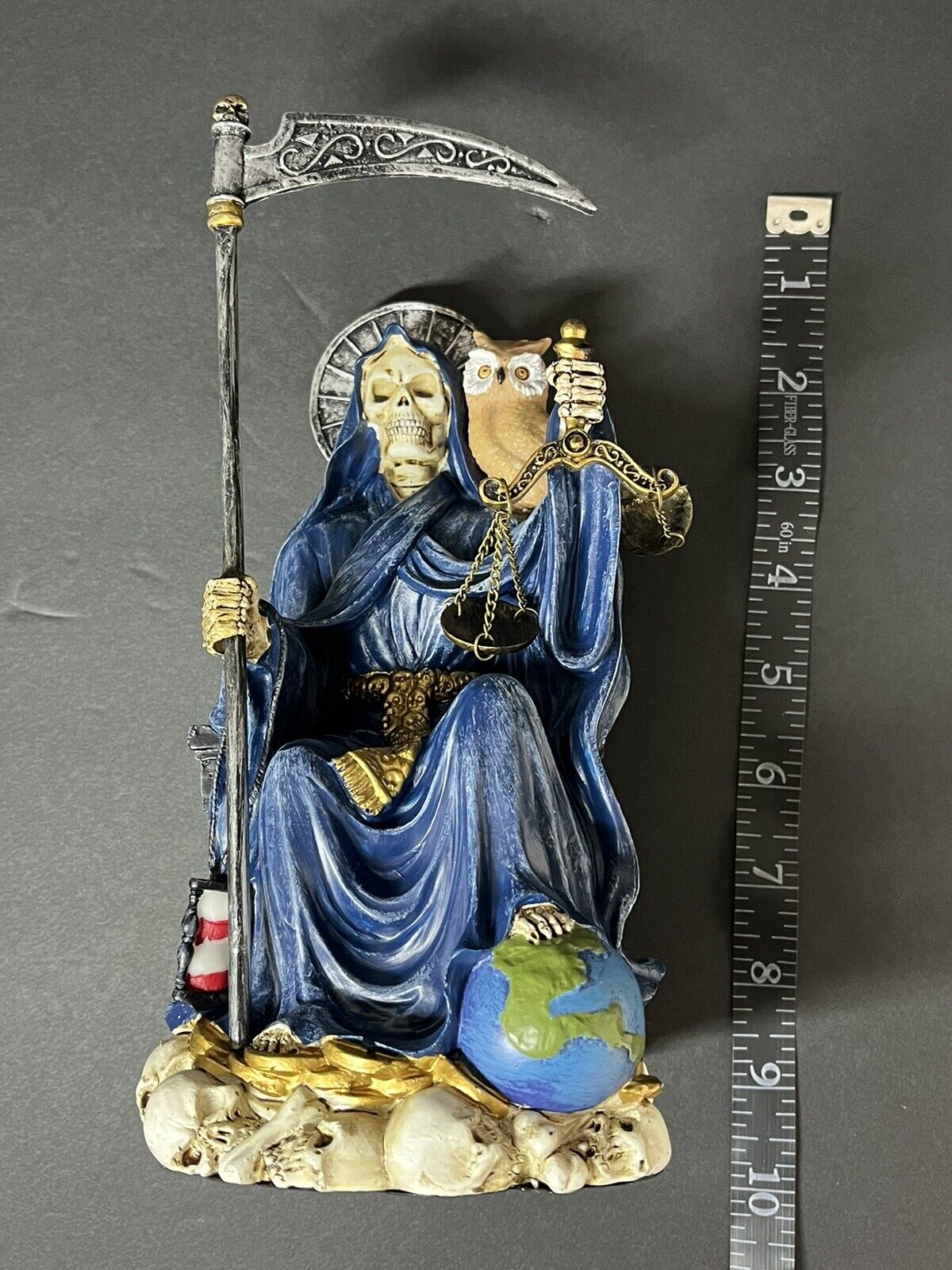 Santa Muerte 9'' Sitting Blue Gown with Owl Figurine 9 Inch 15247