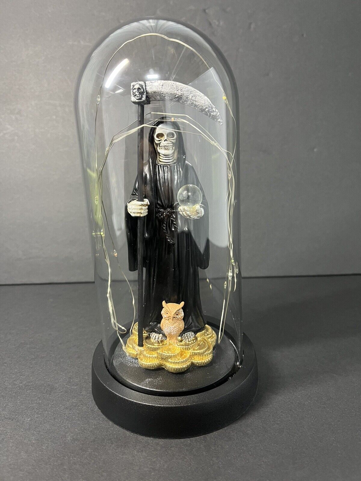 Santa Muerte Statue Black Globe  Multicolored LED Lights 9" In Gift Box-0941-BK