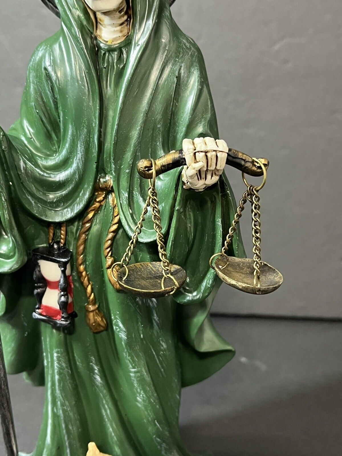 Santa Muerte 10'' Standing Green  Scythe Scales of Justice And Wise Owl 15244