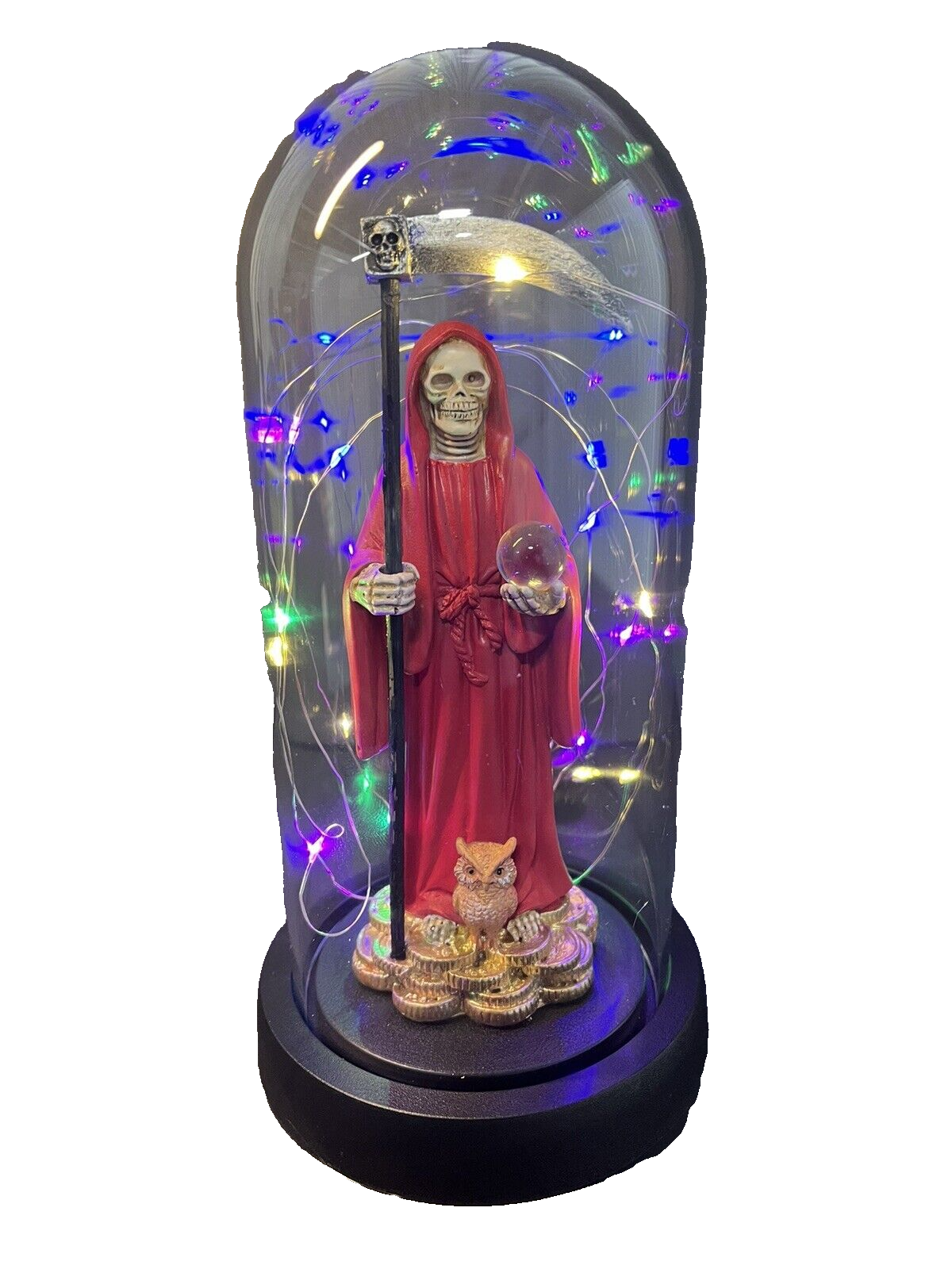 Santa Muerte Statue Red Globe Multicolored LED Lights 9" In Gift Box-0941-RD..