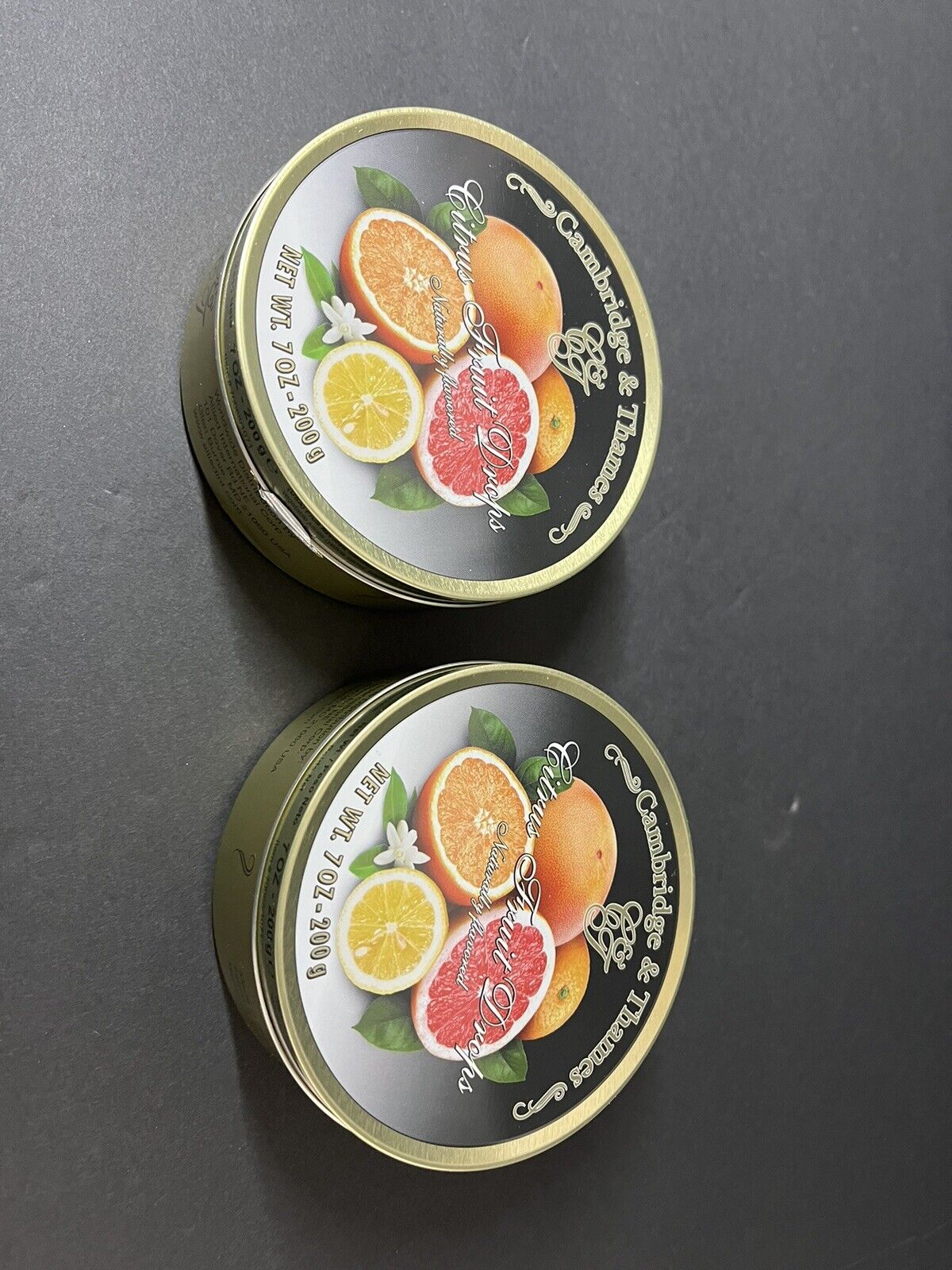 2 Pcs Cambridge & Thames Hard Candy 7oz 200g Tins Citrus Drops Made in Germany..