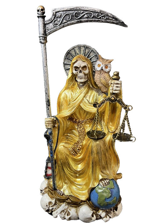 Santa Muerte 9'' Sitting  Gold  Gown with Owl Figurine 15249