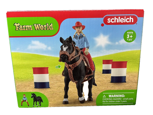 Schleich 42576 Farm World 3 Barrel, Cowgirl Rodeo Racing Playset..