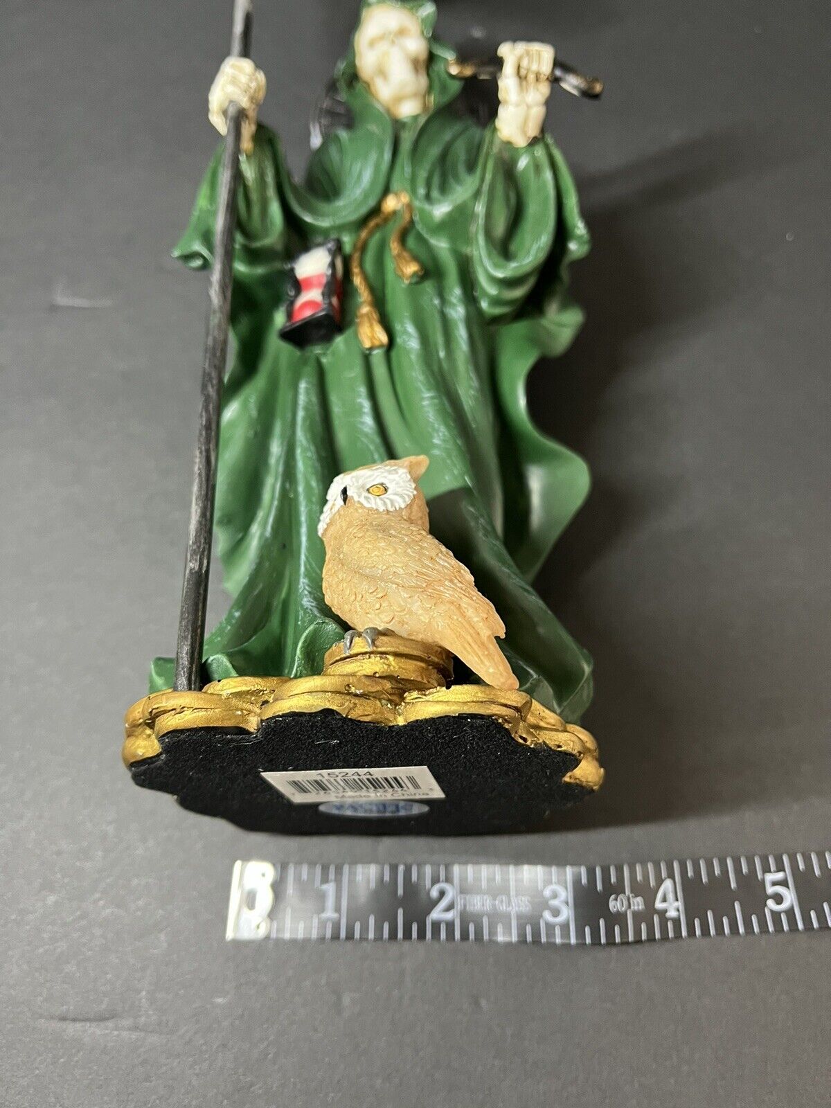 Santa Muerte 10'' Standing Green  Scythe Scales of Justice And Wise Owl 15244