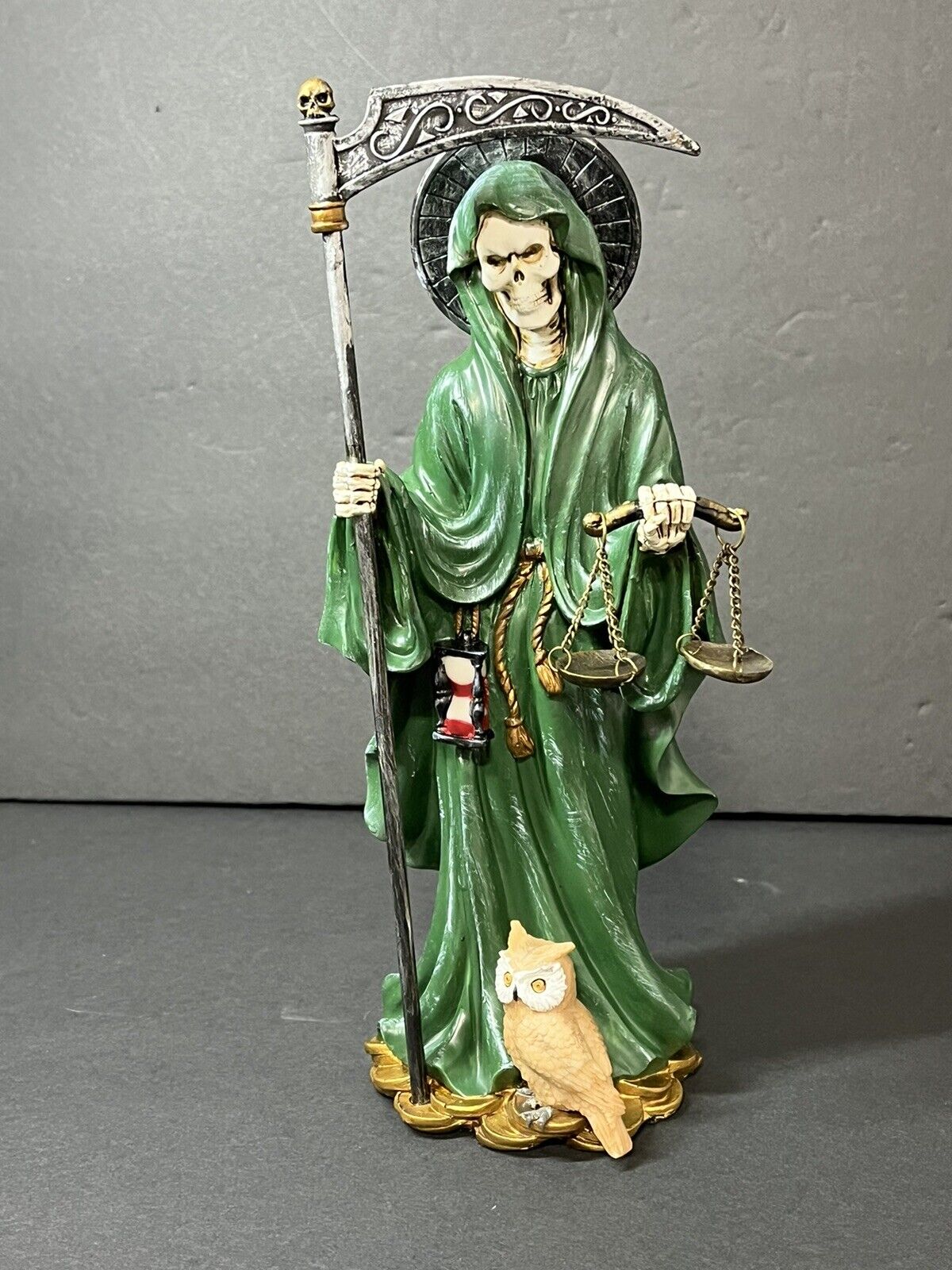 Santa Muerte 10'' Standing Green  Scythe Scales of Justice And Wise Owl 15244