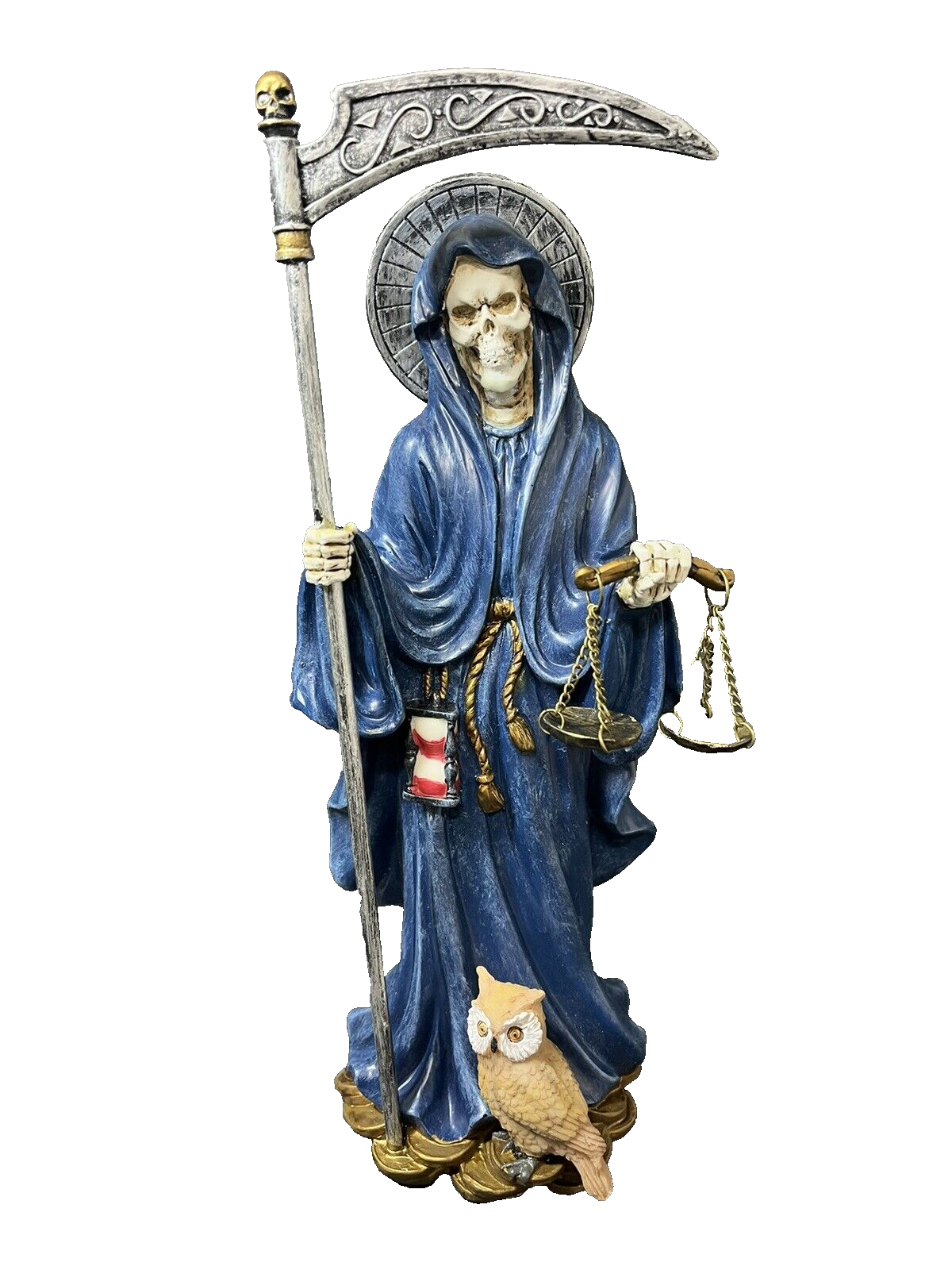 Santa Muerte 10'' Standing Blue  Scythe Scales of Justice And Wise Owl 15245..