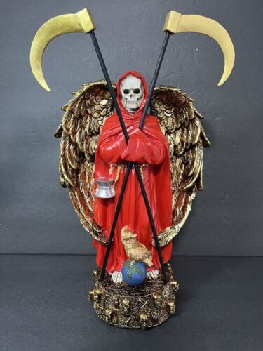 SANTA MUERTE 13" GRIM REAPER OWL ROBE SCYTHE SKULL GLOBE FANTASY FIGURINE -