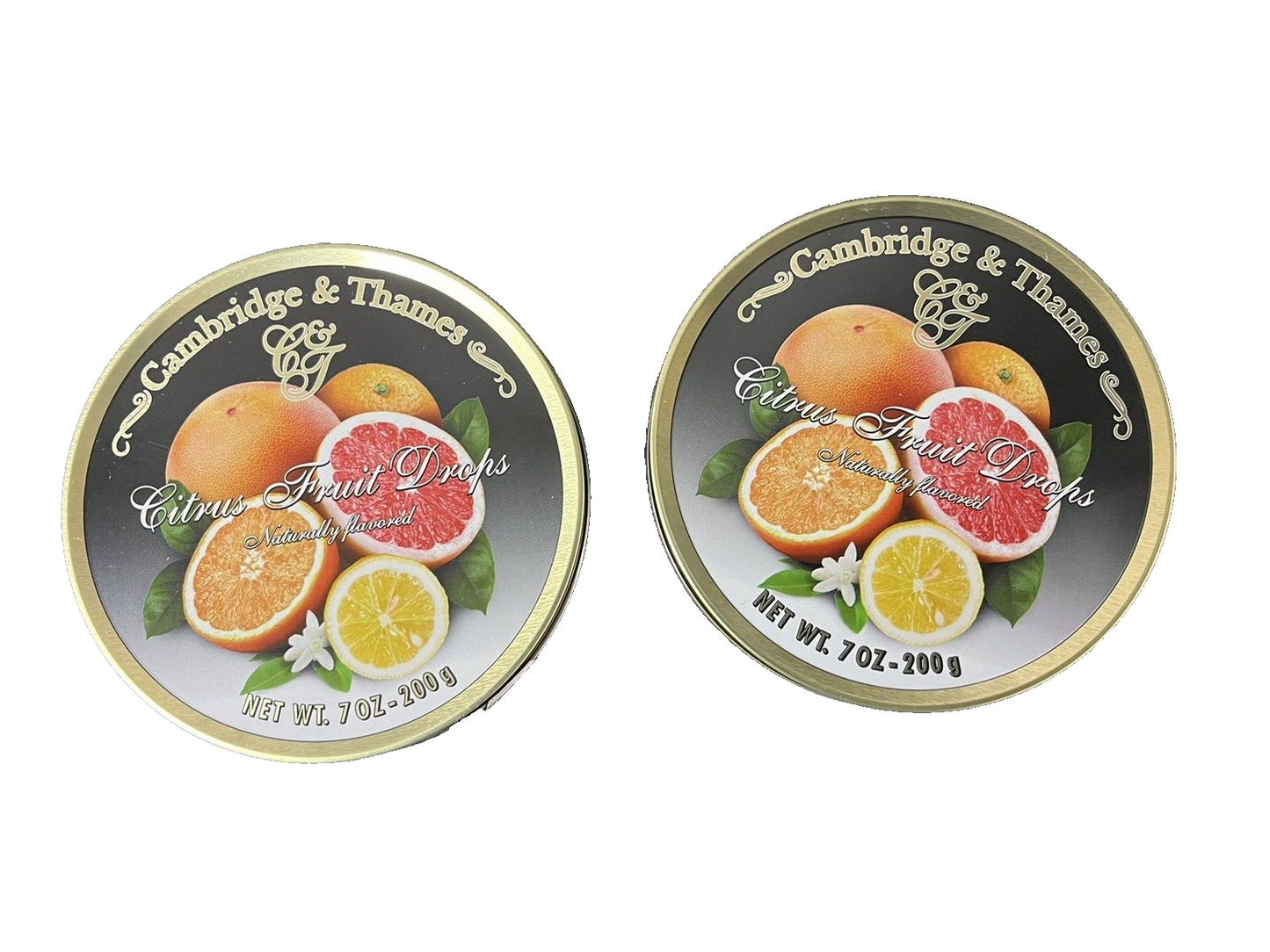 2 Pcs Cambridge & Thames Hard Candy 7oz 200g Tins Citrus Drops Made in Germany..