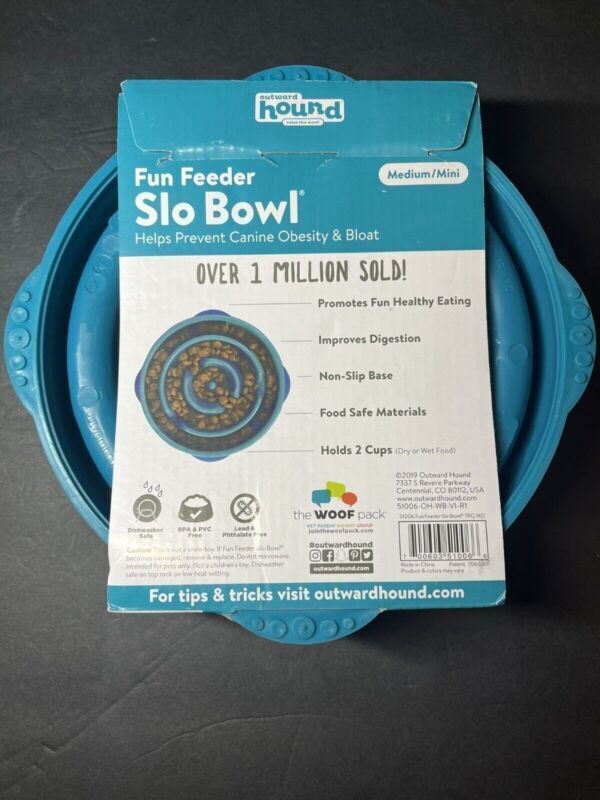 Outward Hound Fun Feeder Slo Bowl, 10x Slow Feeder Dog Bowl, Medium/Mini, Blue