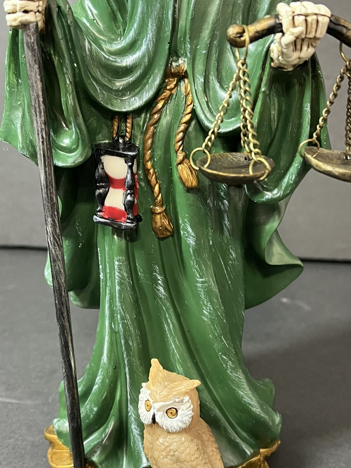 Santa Muerte 10'' Standing Green  Scythe Scales of Justice And Wise Owl 15244