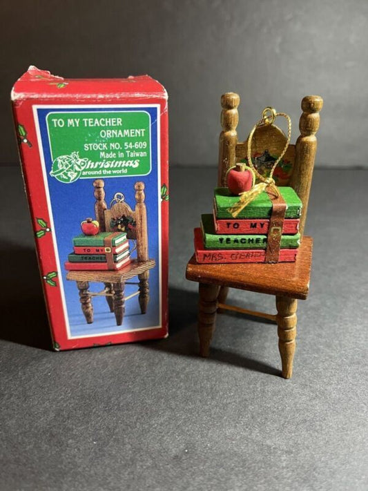 Vintage Christmas Around the World 1987 Teacher Ornament Wooden Chair Book Apple