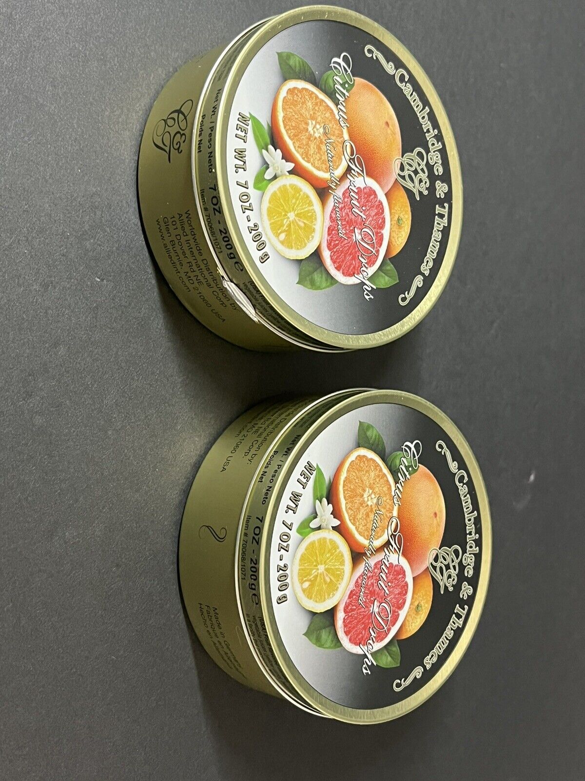 2 Pcs Cambridge & Thames Hard Candy 7oz 200g Tins Citrus Drops Made in Germany..