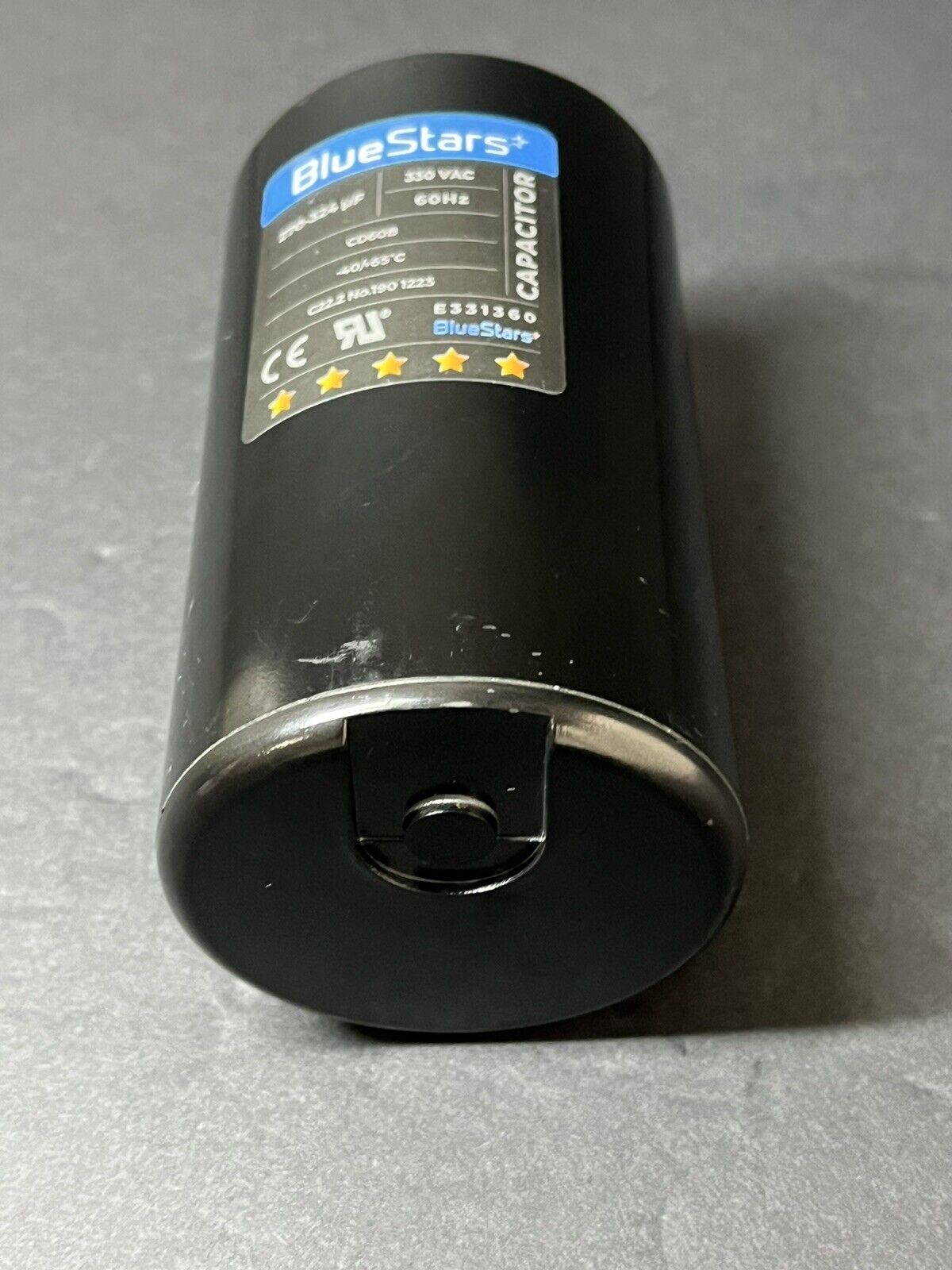 Blue Star capacitor 270-324 uf 330 vac 60 hz CDB60B C22.2 No.190 1123