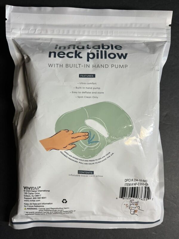 Inflatable Neck Pillow With Built In Hand Pump Travel Pillow /NEW