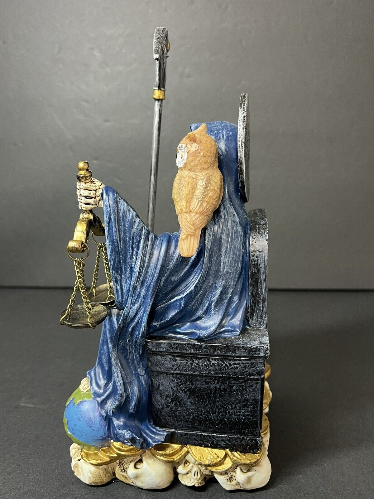 Santa Muerte 9'' Sitting Blue Gown with Owl Figurine 9 Inch 15247