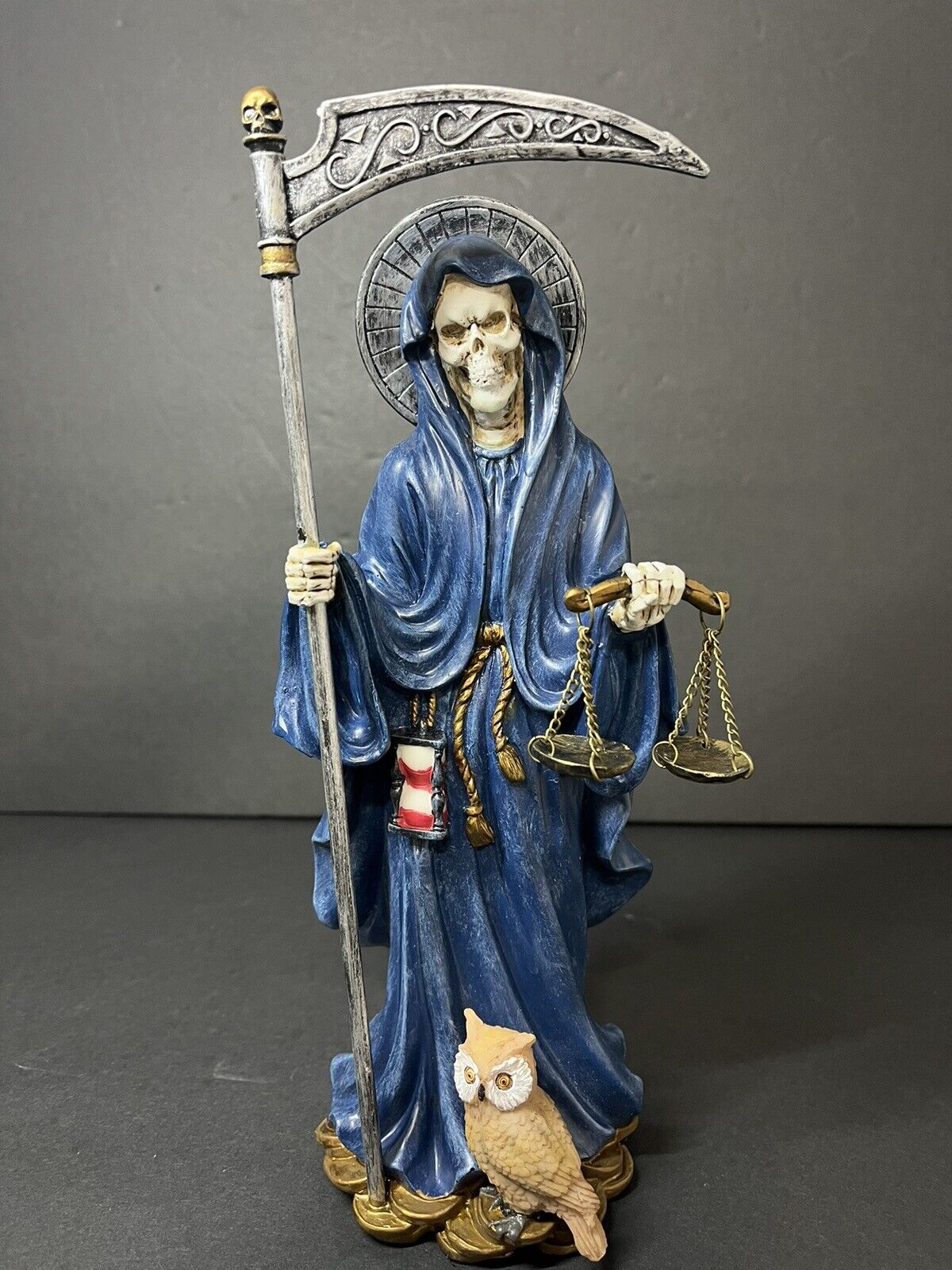 Santa Muerte 10'' Standing Blue  Scythe Scales of Justice And Wise Owl 15245..