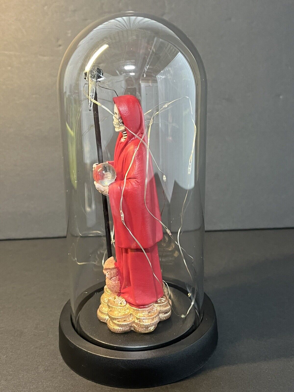 Santa Muerte Statue Red Globe Multicolored LED Lights 9" In Gift Box-0941-RD..