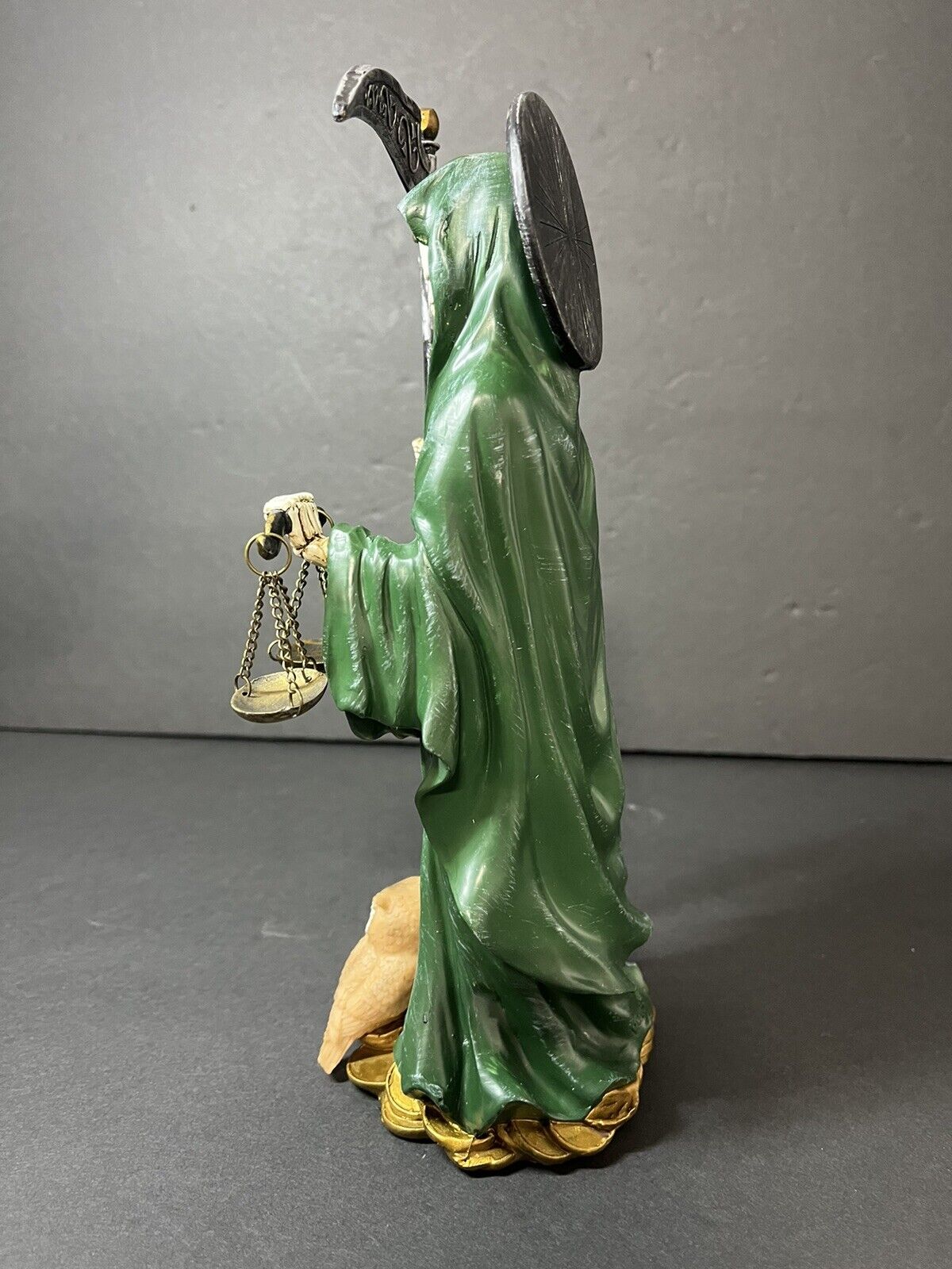 Santa Muerte 10'' Standing Green  Scythe Scales of Justice And Wise Owl 15244