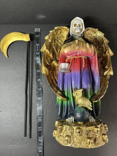 SANTA MUERTE 13" GRIM REAPER OWL ROBE SCYTHE SKULL GLOBE FANTASY FIGURINE 1