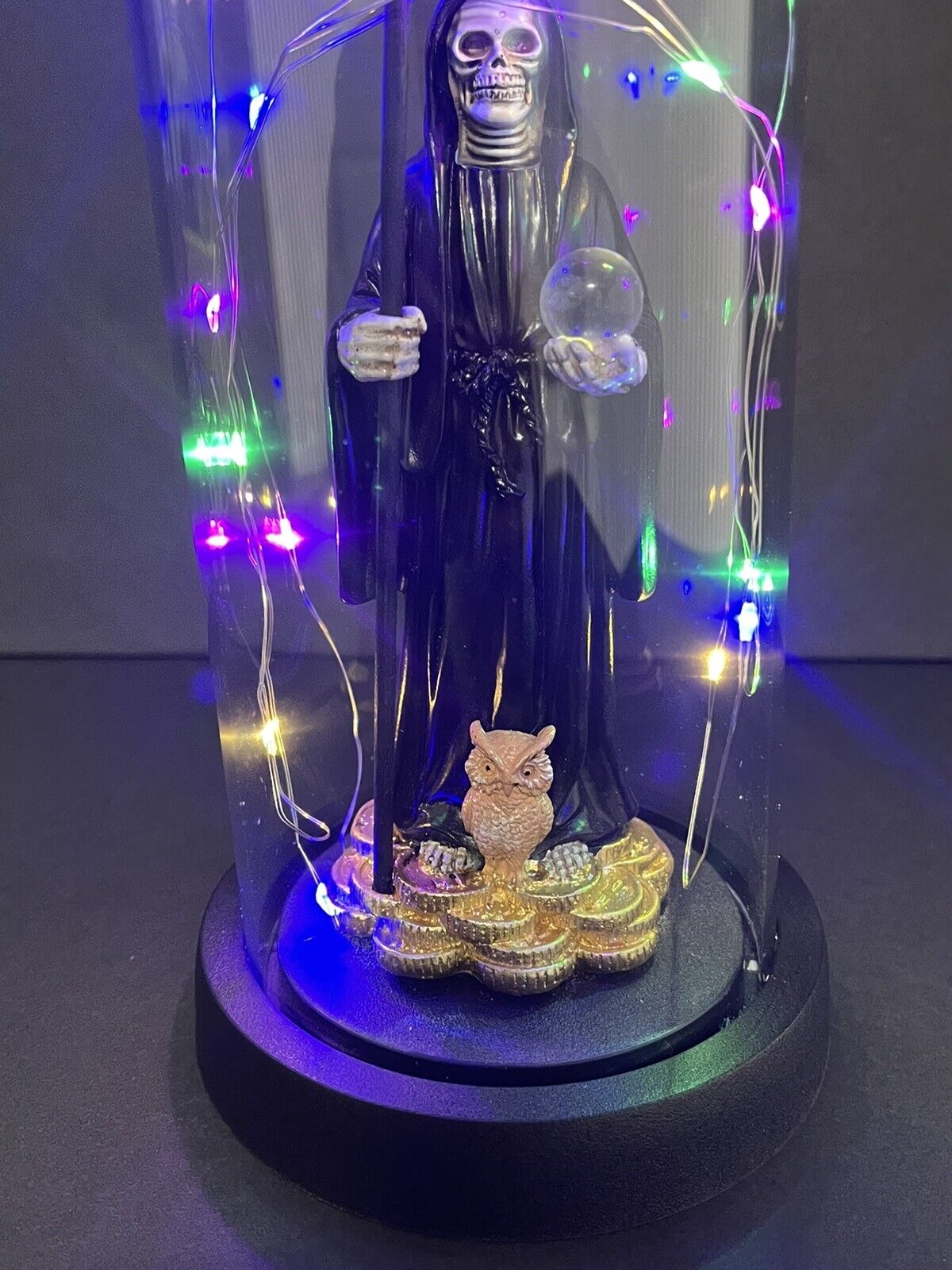 Santa Muerte Statue Black Globe  Multicolored LED Lights 9" In Gift Box-0941-BK