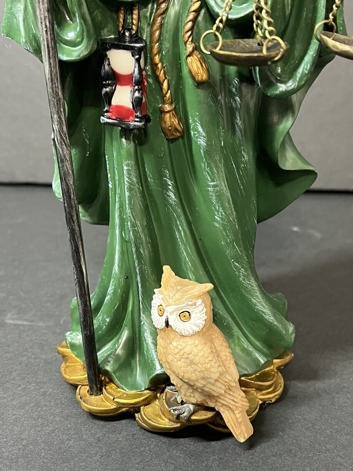 Santa Muerte 10'' Standing Green  Scythe Scales of Justice And Wise Owl 15244