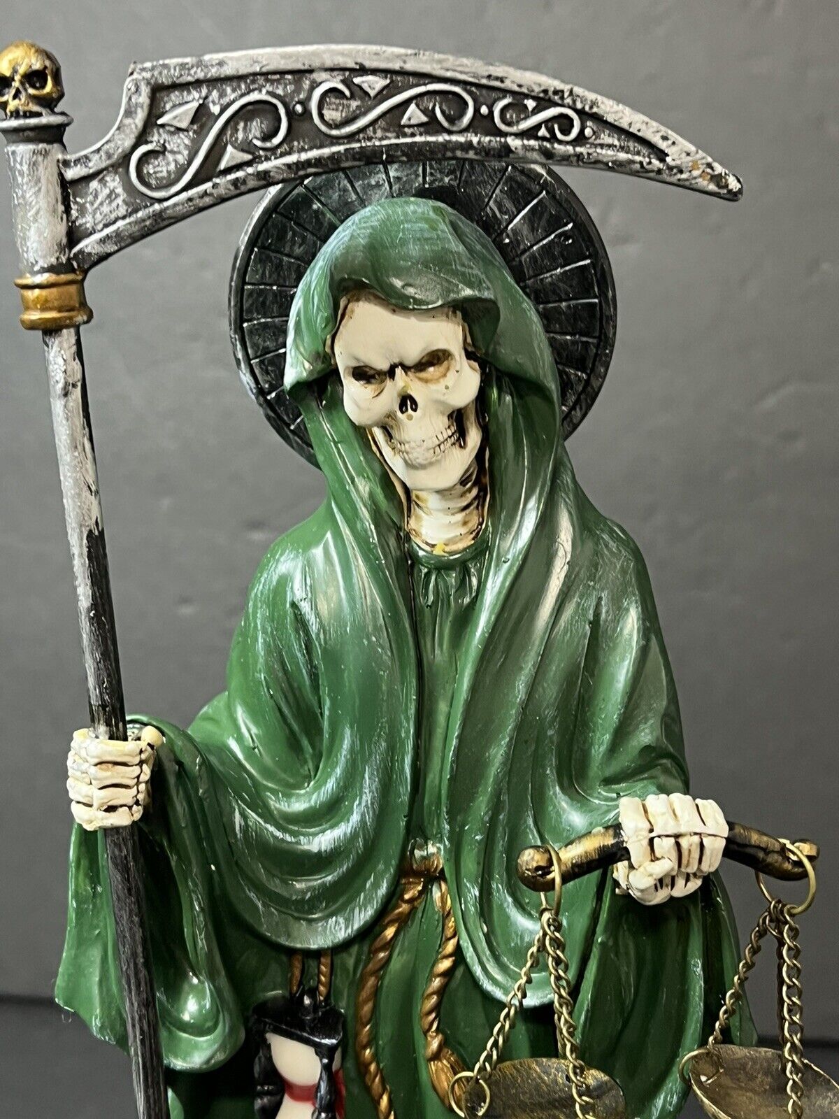 Santa Muerte 10'' Standing Green  Scythe Scales of Justice And Wise Owl 15244