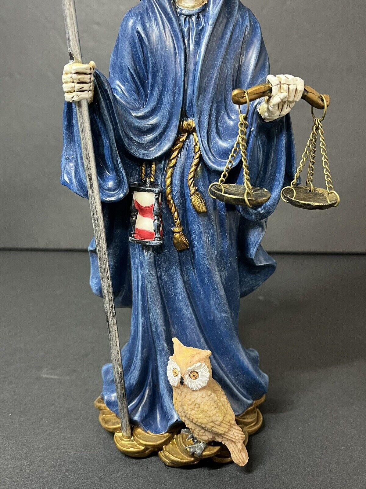 Santa Muerte 10'' Standing Blue  Scythe Scales of Justice And Wise Owl 15245..