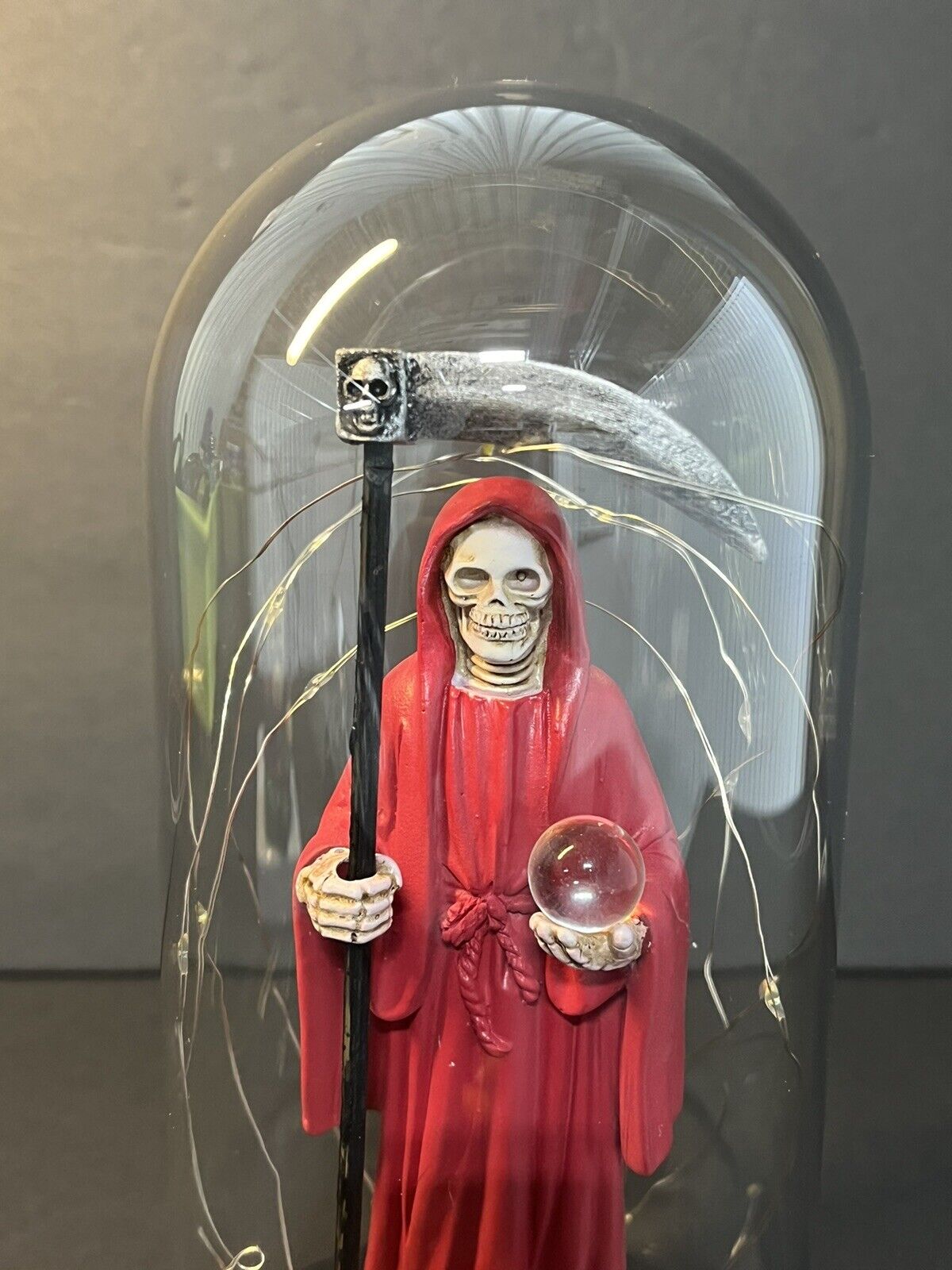 Santa Muerte Statue Red Globe Multicolored LED Lights 9" In Gift Box-0941-RD..