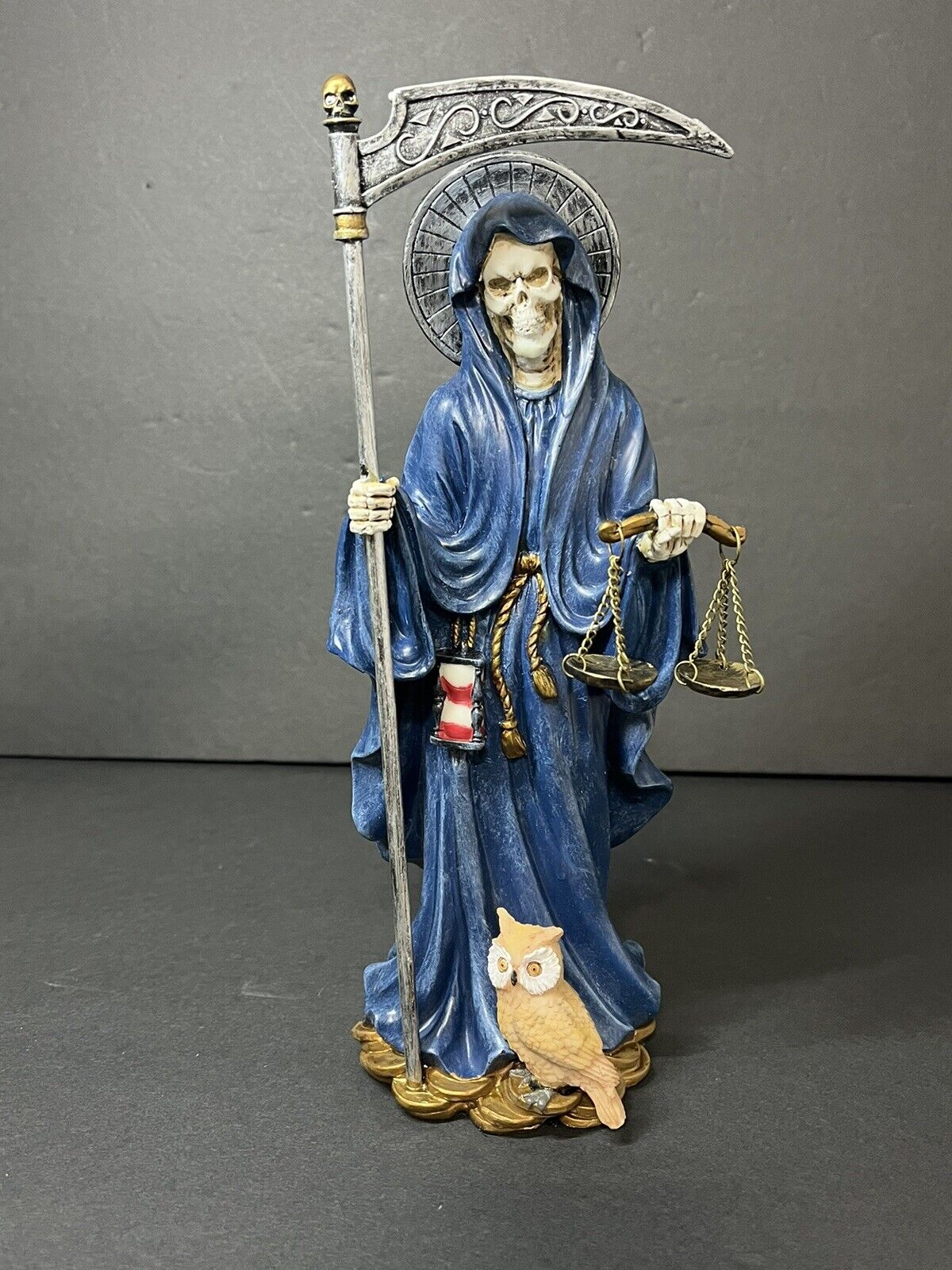 Santa Muerte 10'' Standing Blue  Scythe Scales of Justice And Wise Owl 15245..