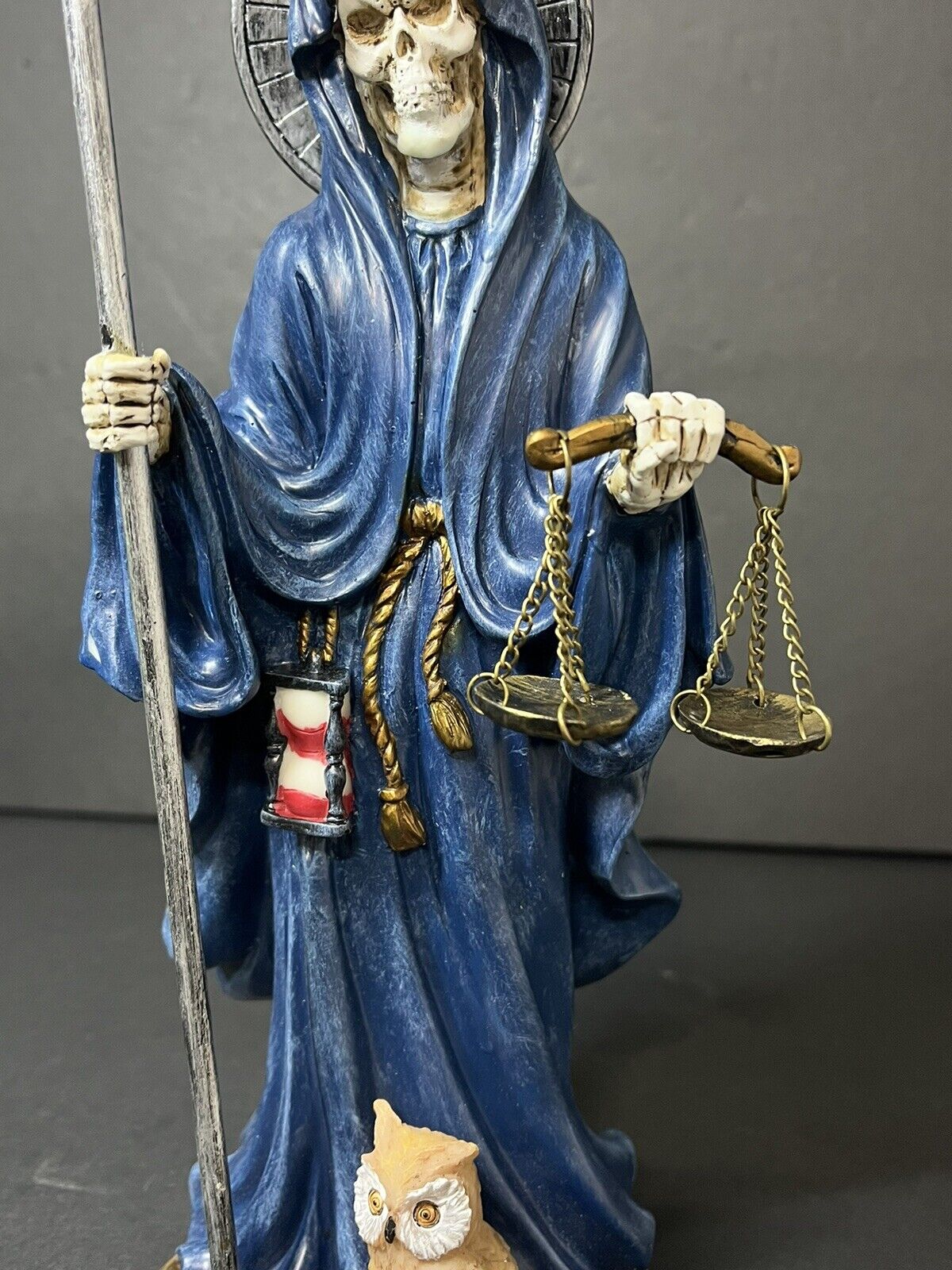 Santa Muerte 10'' Standing Blue  Scythe Scales of Justice And Wise Owl 15245..