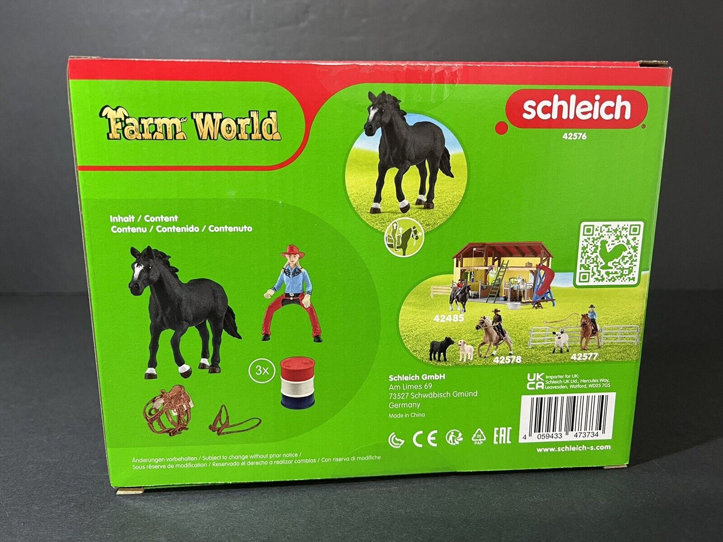 Schleich 42576 Farm World 3 Barrel, Cowgirl Rodeo Racing Playset..