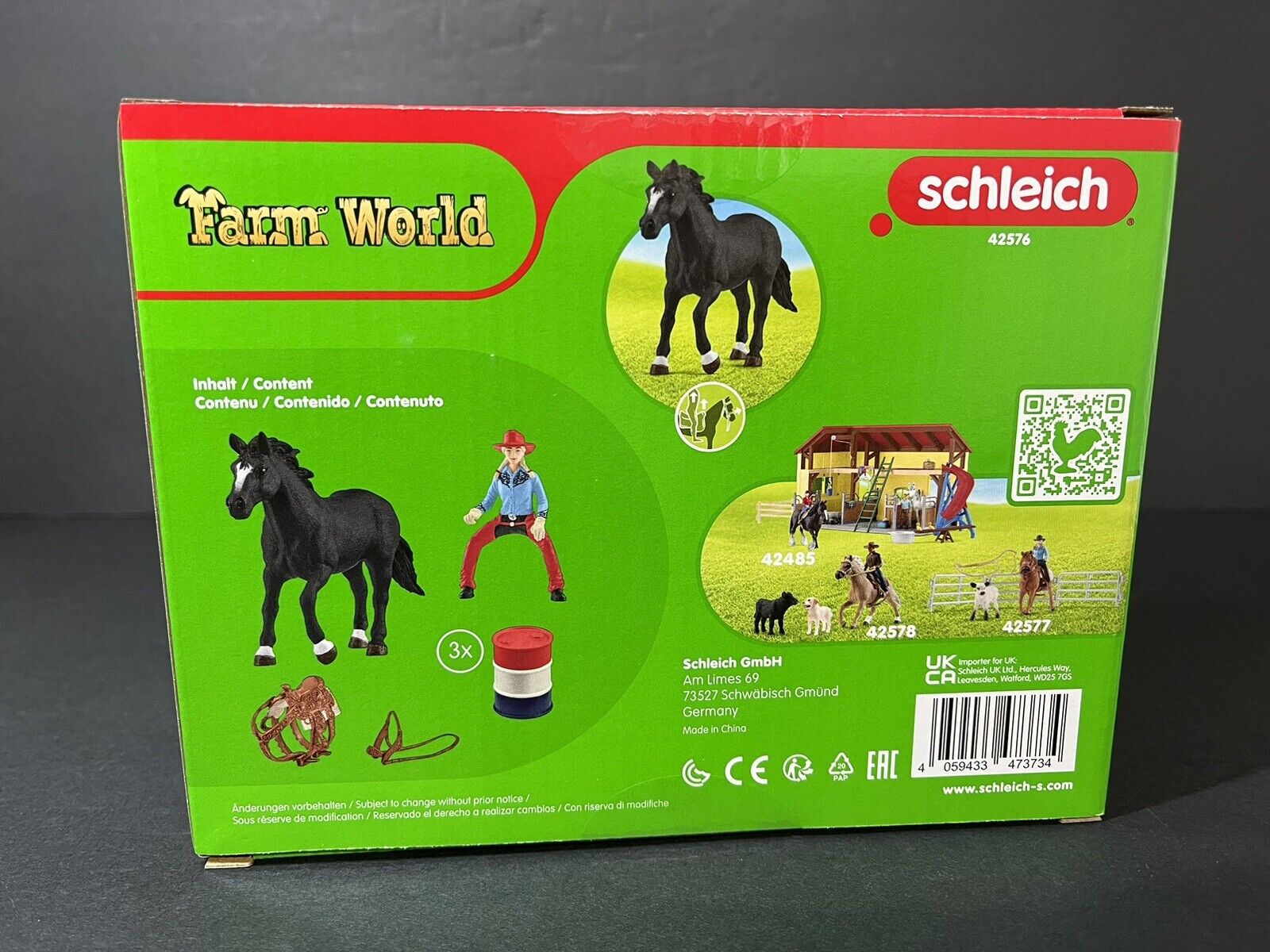 Schleich 42576 Farm World 3 Barrel, Cowgirl Rodeo Racing Playset..