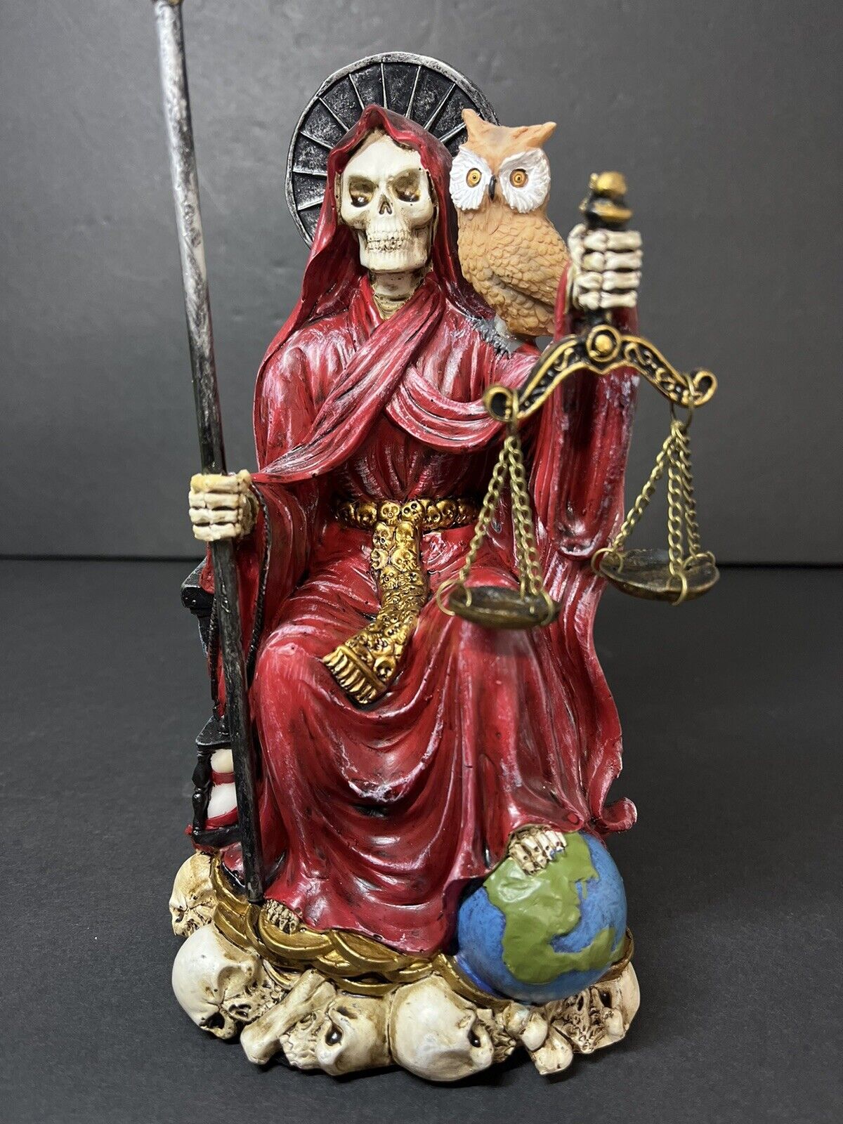 Santa Muerte 9'' Sitting  Red Gown with Owl Figurine 9 Inch 15250