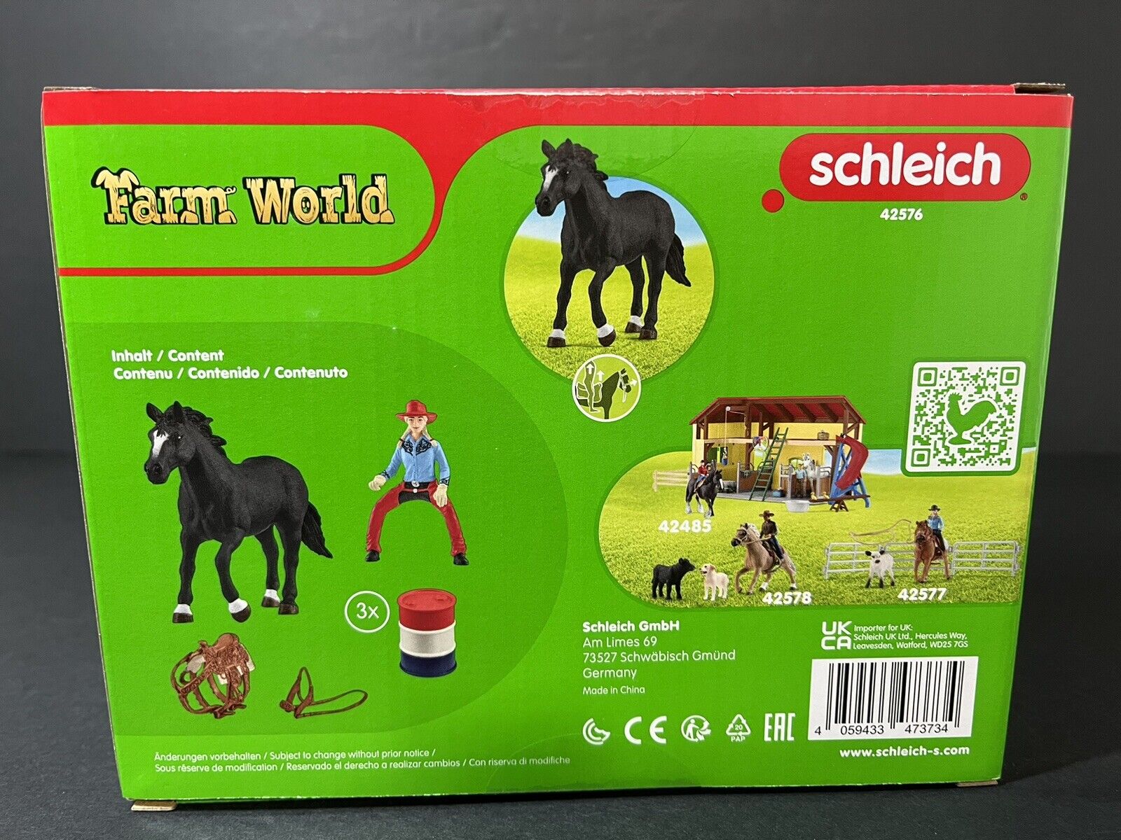 Schleich 42576 Farm World 3 Barrel, Cowgirl Rodeo Racing Playset..