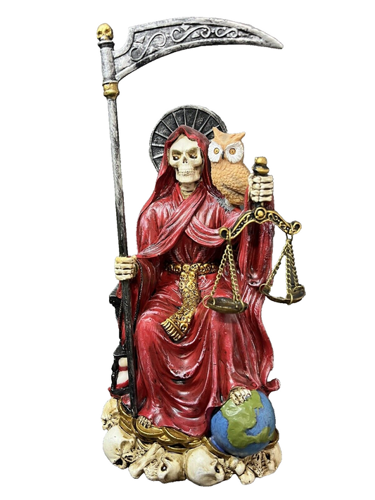 Santa Muerte 9'' Sitting  Red Gown with Owl Figurine 9 Inch 15250