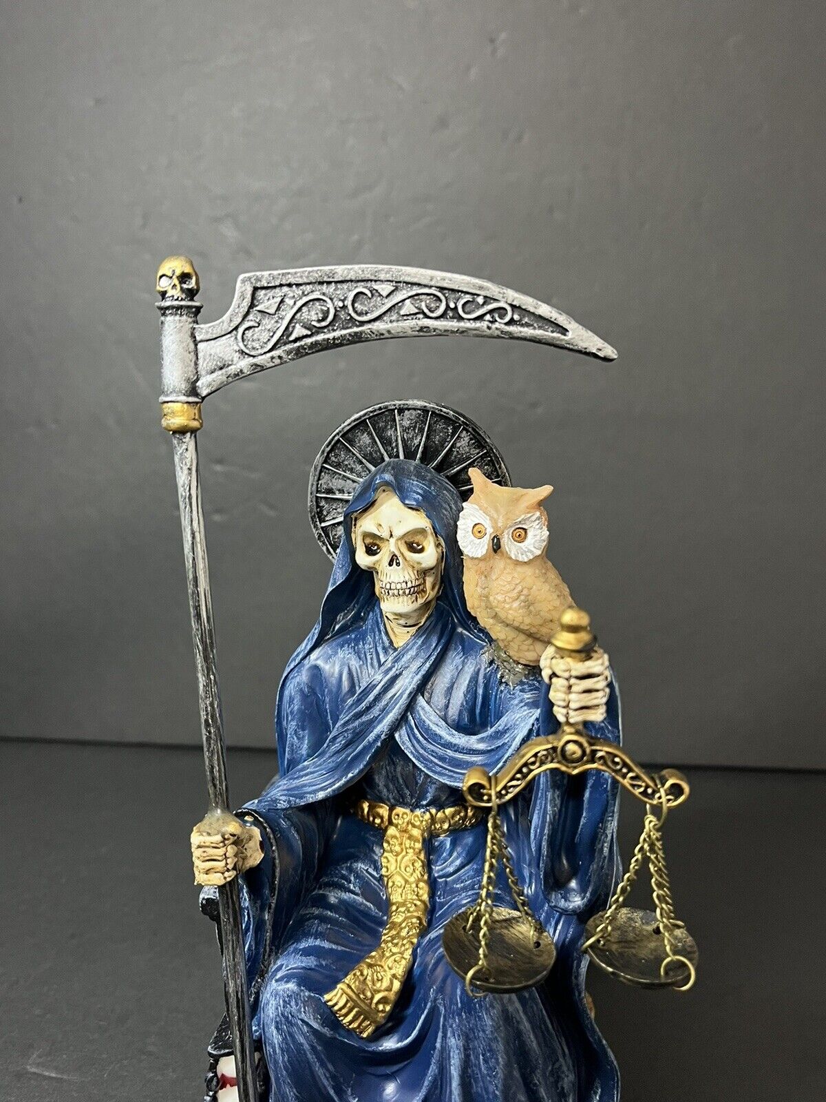 Santa Muerte 9'' Sitting Blue Gown with Owl Figurine 9 Inch 15247