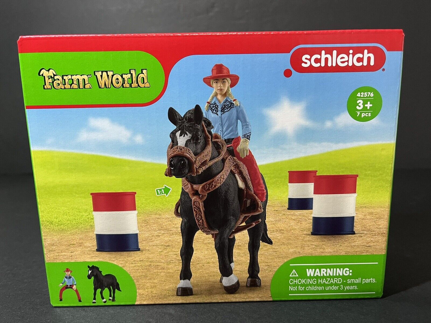 Schleich 42576 Farm World 3 Barrel, Cowgirl Rodeo Racing Playset..