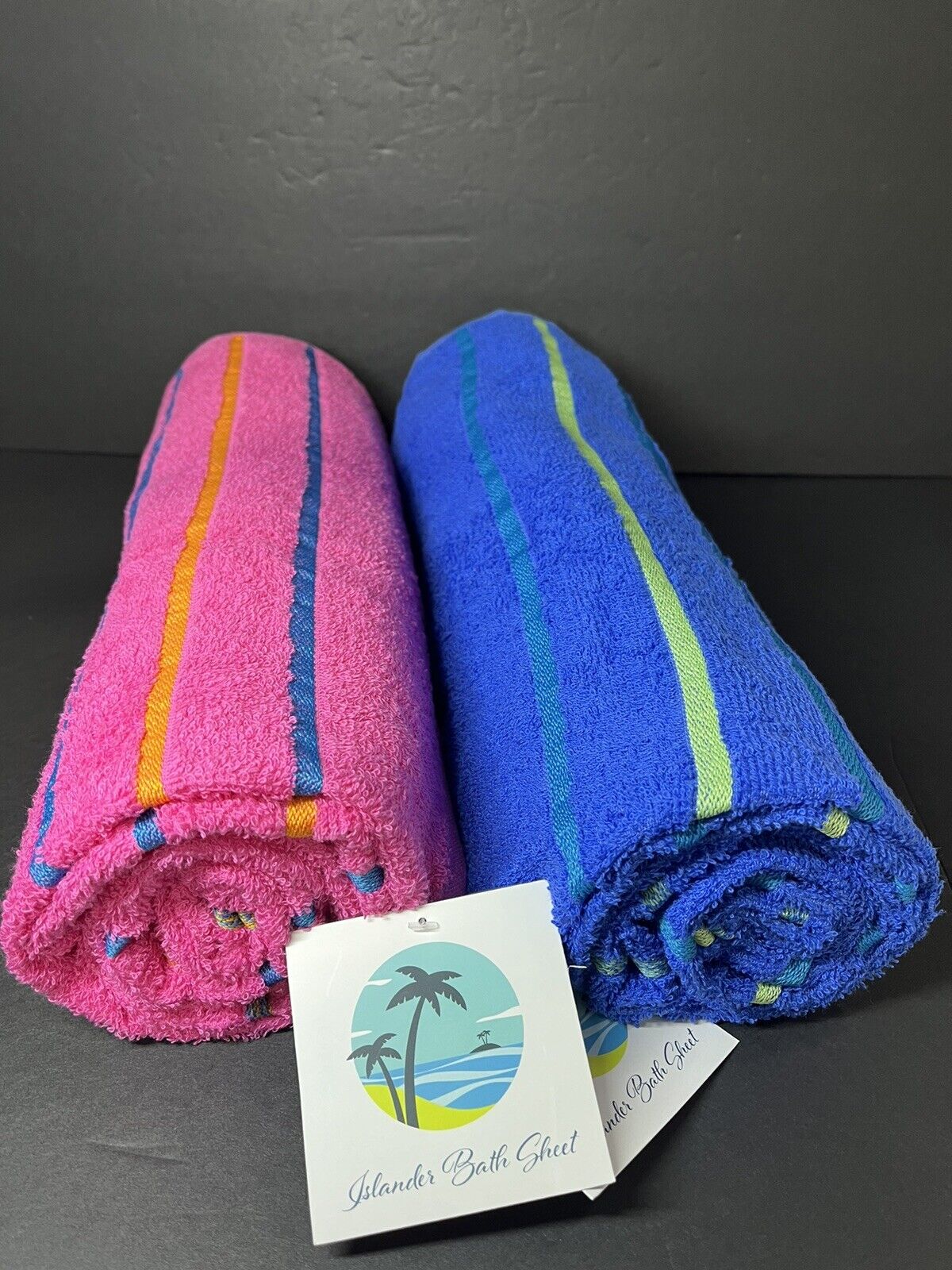 2 Pcs Islander Beach Towels Velour  28x60 inches Dark Blue, Pink..