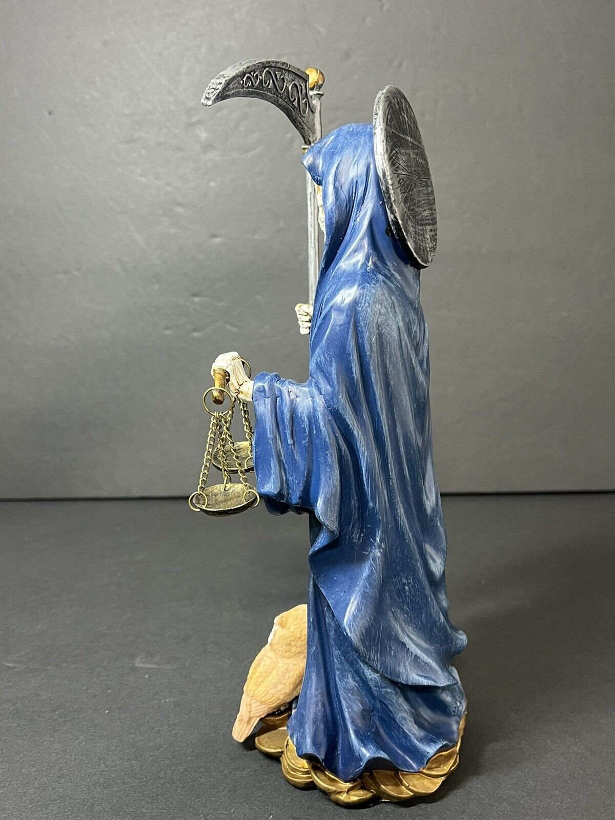 Santa Muerte 10'' Standing Blue  Scythe Scales of Justice And Wise Owl 15245..