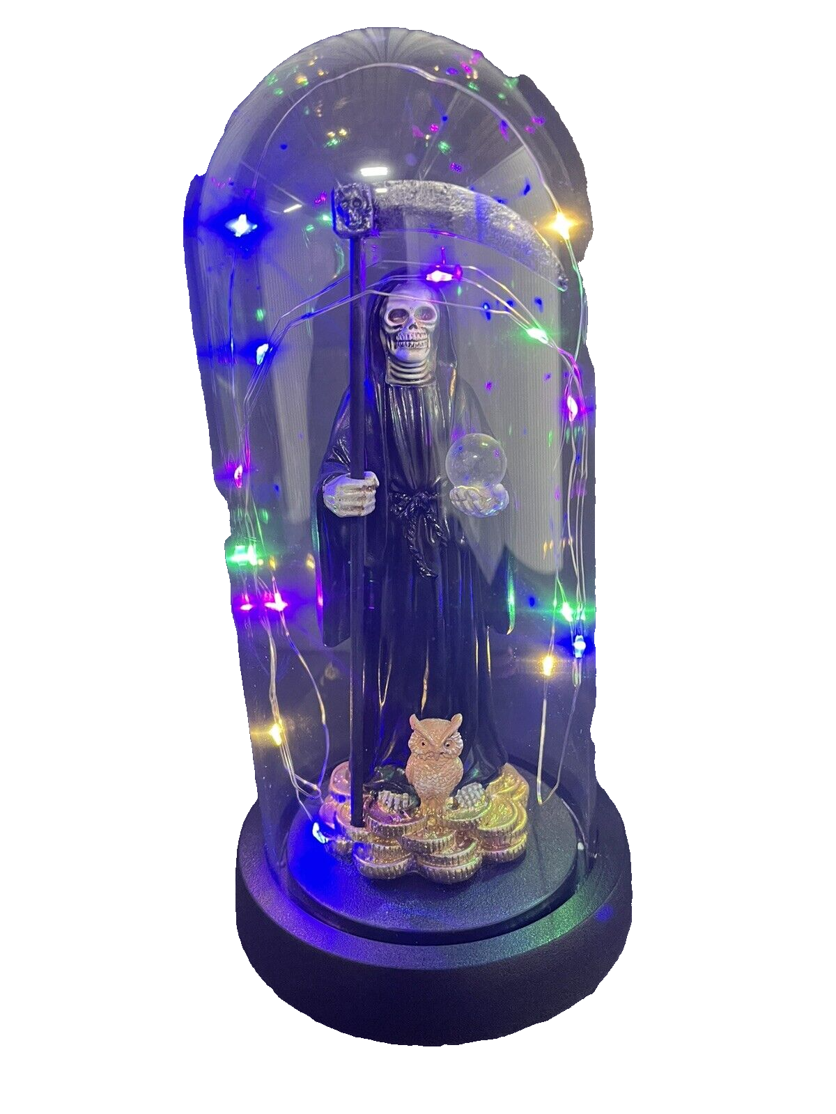 Santa Muerte Statue Black Globe  Multicolored LED Lights 9" In Gift Box-0941-BK