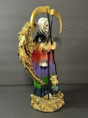 SANTA MUERTE 13" GRIM REAPER OWL ROBE SCYTHE SKULL GLOBE FANTASY FIGURINE 1