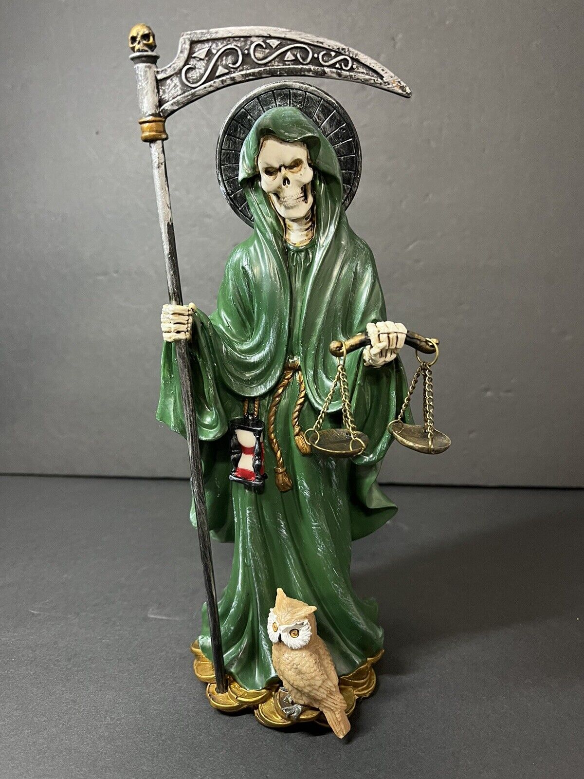 Santa Muerte 10'' Standing Green  Scythe Scales of Justice And Wise Owl 15244