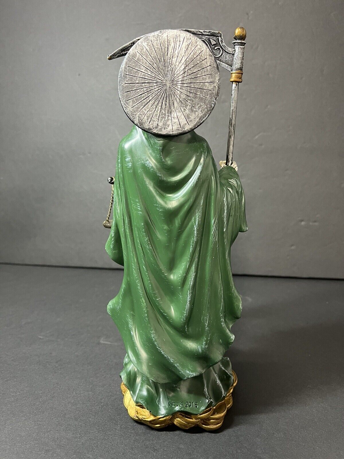 Santa Muerte 10'' Standing Green  Scythe Scales of Justice And Wise Owl 15244