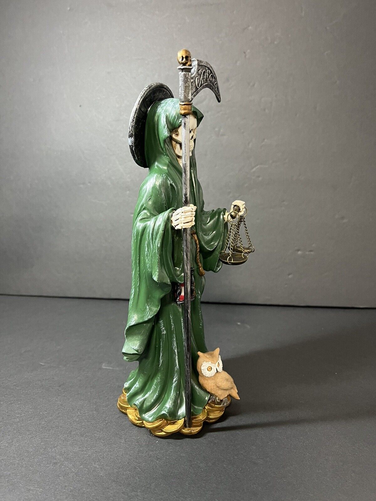 Santa Muerte 10'' Standing Green  Scythe Scales of Justice And Wise Owl 15244