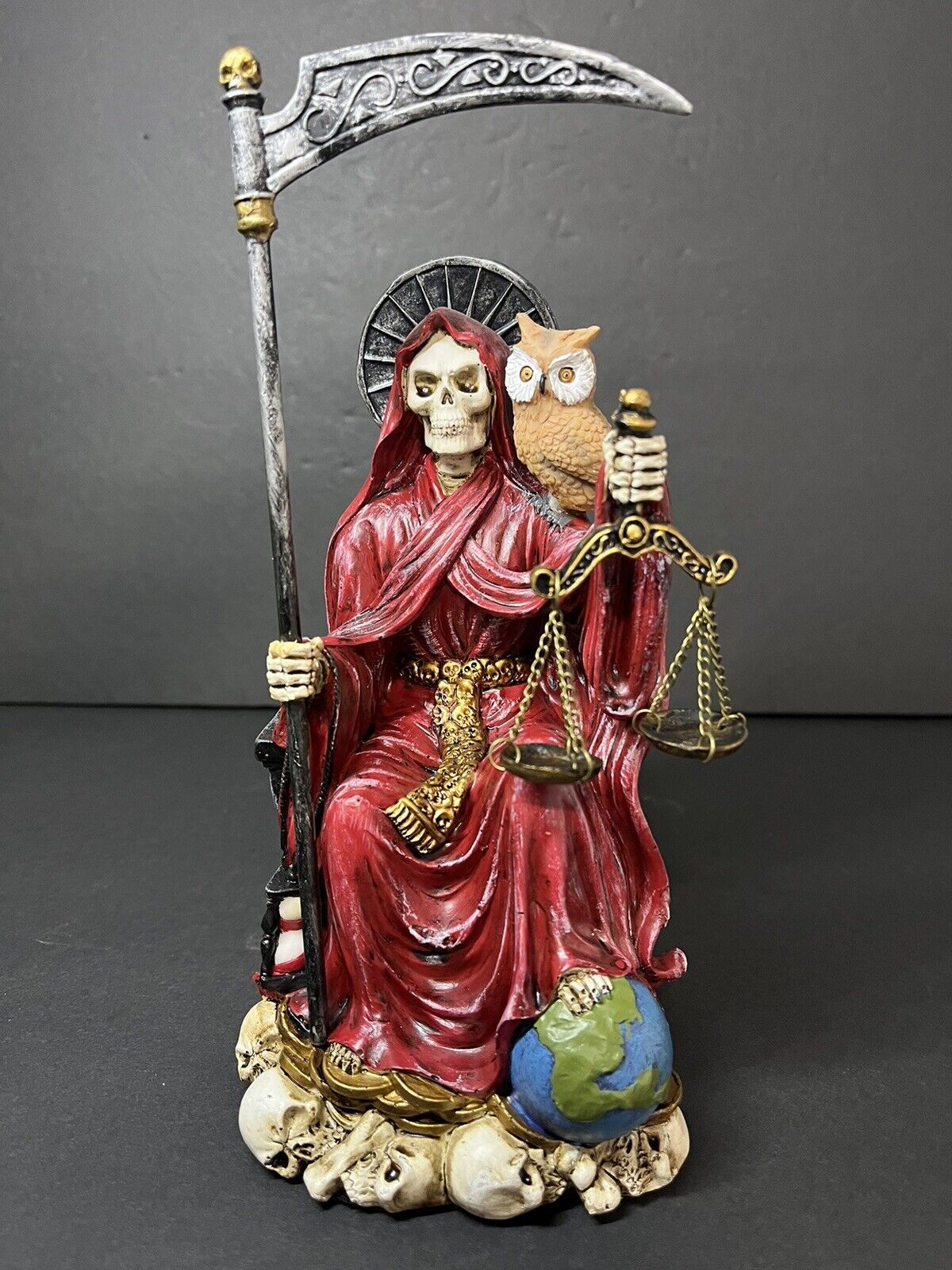 Santa Muerte 9'' Sitting  Red Gown with Owl Figurine 9 Inch 15250